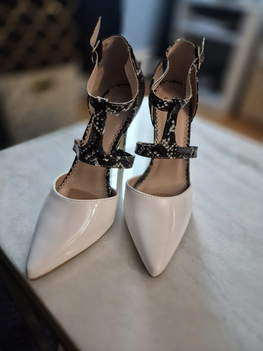 Pointed-Toe Patent Pumps with Snake-Print T-Strap in White
